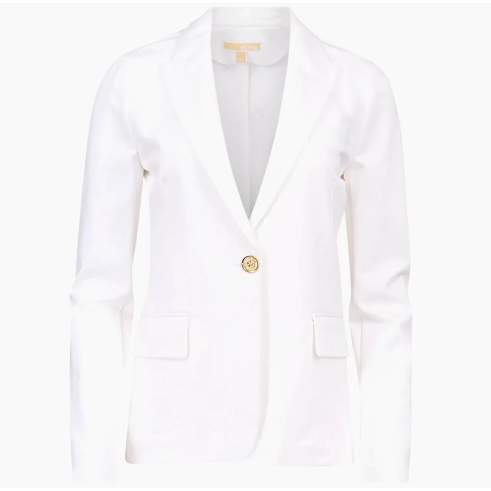 MICHAEL Kors White Ponte Knit Notch Lapel Long Sleeve Button Front Blazer - Picture 7 of 12